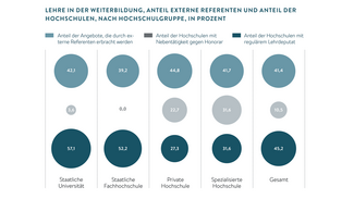 Lehre in der Weiterbildung - Anteil externer Referenten und Anteil der Hochschulen (nach Hochschulgruppe in Prozent) (Infografik)